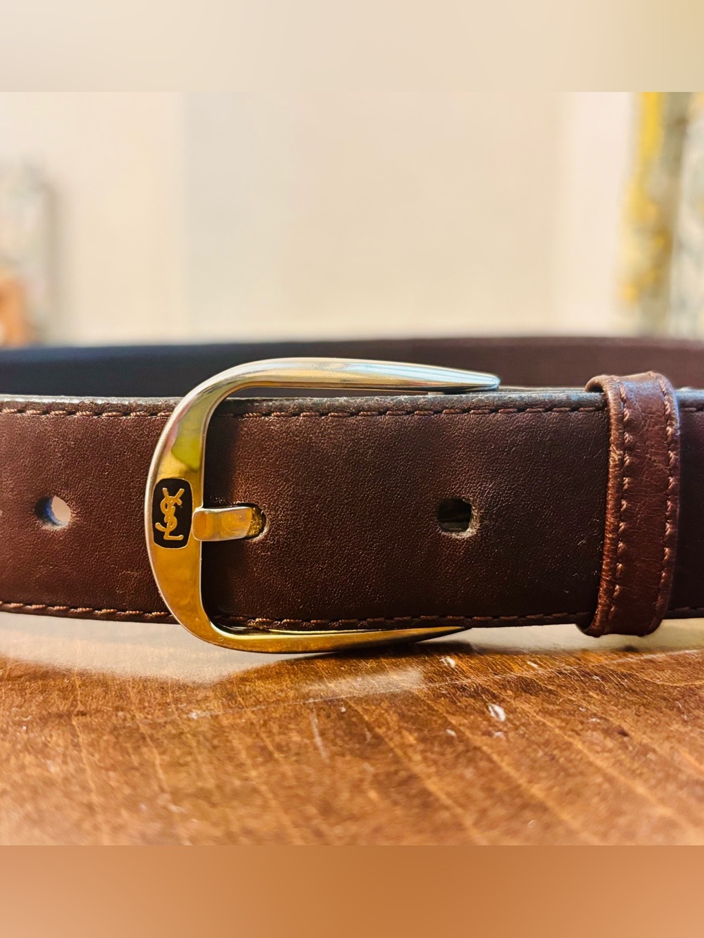 Vintage Women’s Yves Saint Laurent Brown Leather Belt with Gold Tone Buckle Size